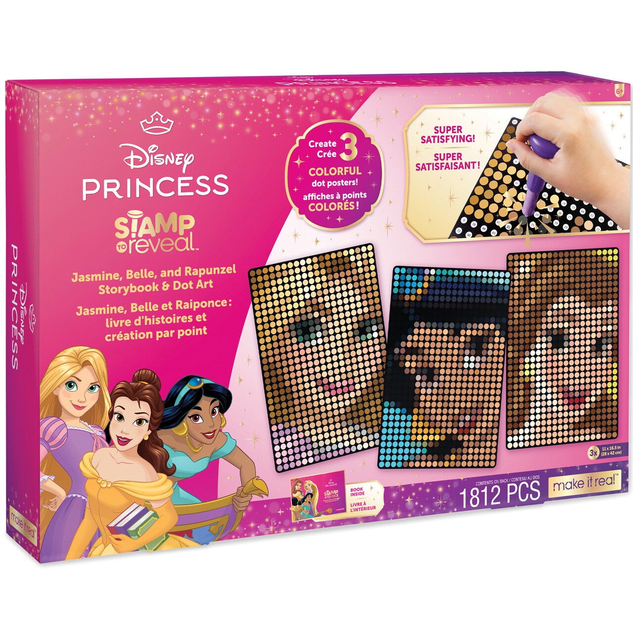 Make It Real: Disney Stamp To Reveal - Jasmine, Belle, Rapunzel Storybook & Dot Art - 1812pcs, DIY 3 Princess Dot Posters, Craft, Girls & Kids Ages 6+
